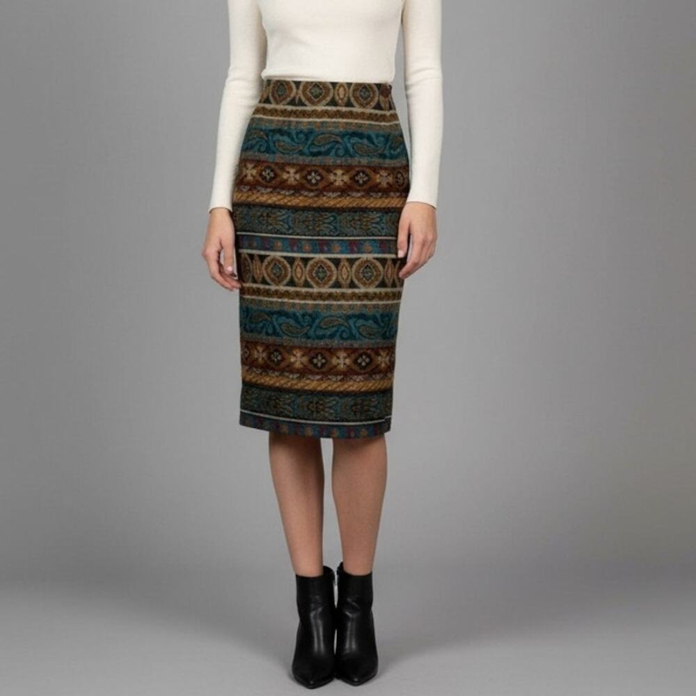 Vintage 90s 80s Wrapper Wrap Midi Skirt Geo-Motif Women's Size 9/10 Ethnic Multi